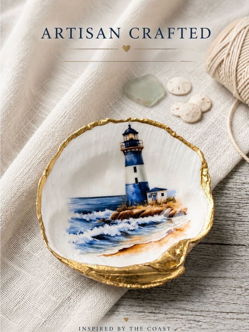 Artisan Coastal Lighthouse Decorative Dish - White & Blue with Gold Trim